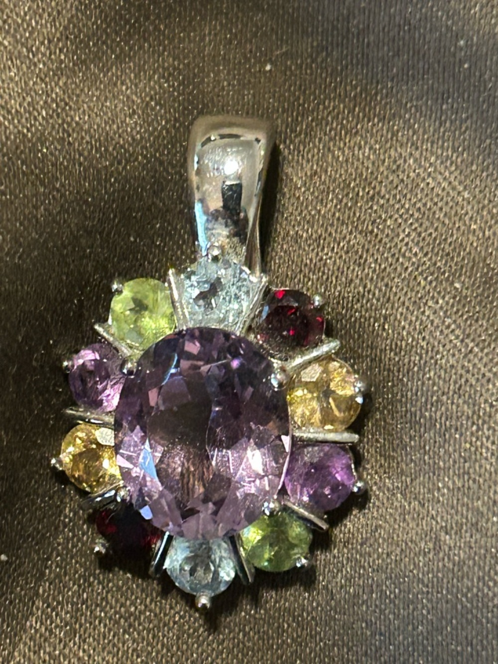 Multi-Gem flower Sterling Pendant with Amethyst Purple Center.